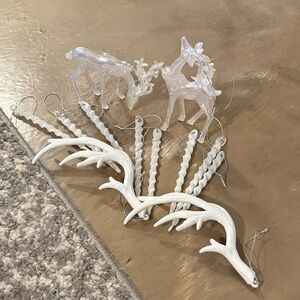 White Iridescent Deer and Antler Ornaments Set